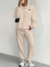 Texture Round Neck Long Sleeve Top and Pants Set Tan OutfitFlow